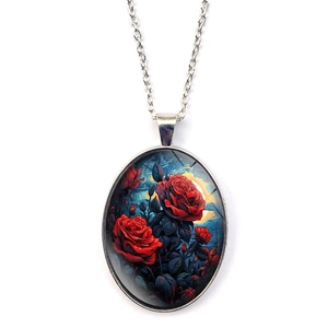 Vintage Red Rose Flower Oval Pendant Necklace For Women Retro Moon Night Sky Glass Cabochon Alloy Chain Artistic Jewelry Gift