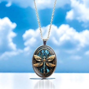 Detailed close-up of oval dragonfly pendant with blue enamel on a silver chain