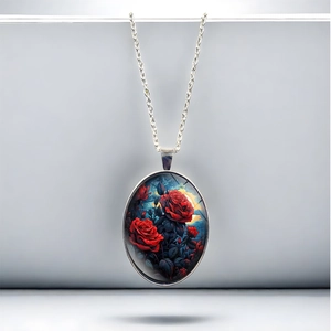 Vintage oval pendant necklace featuring elegant red roses with silver chain for women