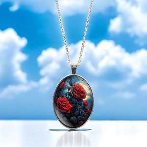 Detailed view of an oval pendant with a red rose pattern and silver-tone chain necklace
