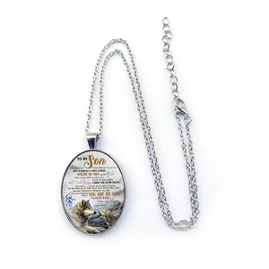 Collier punk avec pendentif ovale loup et message To My Son en finition argent