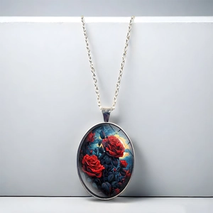 Vintage oval pendant necklace featuring a red rose art illustration on a silver chain
