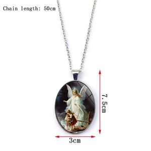 Silver angel oval pendant necklace with 50cm chain length and 7.5x3cm dimensions