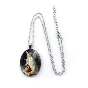 Vintage silver angel oval pendant necklace with an adjustable chain and classic art scene