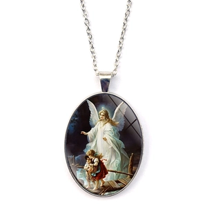 Vintage Alloy Guardian Angel Oval Pendant Necklace Women Retro Silver Color Glass Cabochon Sweater Chain Jewelry Gift