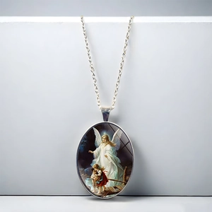 Vintage oval angel pendant necklace for women featuring a classic guardian angel oil painting