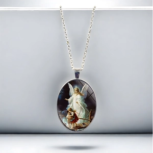 Vintage silver oval pendant necklace featuring a guardian angel painting for women