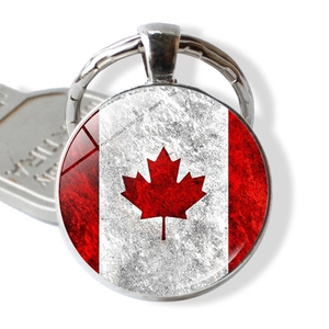 Canada Flag Maple Leaf Keychain Round Zinc Alloy Glass Cabochon Vintage Pendant Keyring For Bags Car Souvenir Travel Gift
