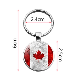 Canadian flag time gem keychain with silver metal ring and round maple leaf glass pendant