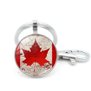 Vintage Canada flag maple leaf metal keychain with silver lobster clasp and ring