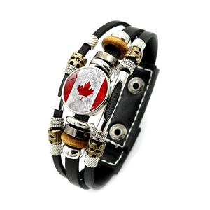 Multilayer leather bracelet with Canada flag glass cabochon and punk style beads