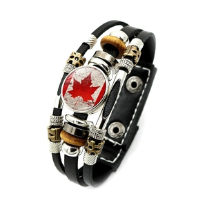 Punk multilayer leather bracelet with Canada flag glass cabochon and metal snap buckle