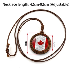 Handmade wooden pendant necklace with Canada flag maple leaf on adjustable wax cord
