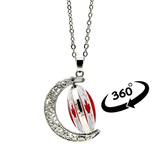 Rotatable Canada flag moon necklace with silver crescents and 360-degree pendant