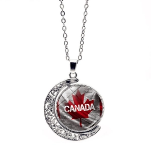 Rotating crescent moon necklace with Canada flag maple leaf pendant and silver chain