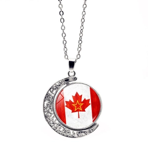 Rotating Canada flag moon pendant necklace with maple leaf on silver chain jewelry