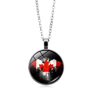 Silver Canada flag necklace with round glass cabochon maple leaf pendant and wings