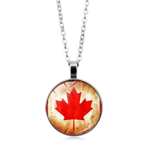 Silver O-chain necklace featuring a vintage round Canada flag maple leaf glass pendant