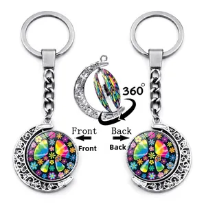 Rotating moon keychain with floral butterfly pattern showing front, back, and 360 view