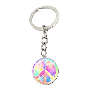 Silver peace sign keychain featuring a colorful floral rainbow design under glass