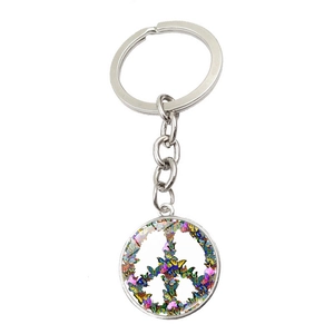 Peace Sign Keychain Colorful Butterfly Floral Pattern Round Glass Pendant Zinc Alloy Key Ring For Women Men Boho Accessories