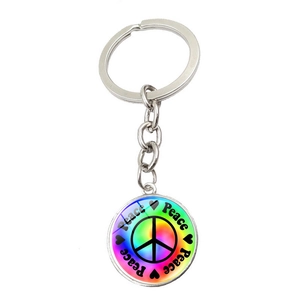 Rainbow Peace Sign Keychain with Silver Metal Ring and Gradient Colorful Pendant