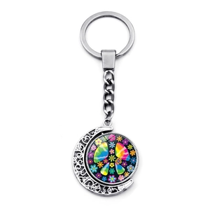 Rotating Moon Peace Sign Keychain Double Sided Zinc Alloy Metal Floral Peace Symbol Pendant Bohemian Style Key Ring Bag Accessories