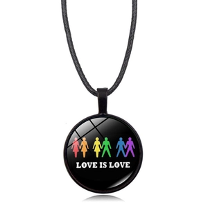 Close-up of Love is Love pendant with rainbow silhouette on black leather cord