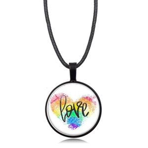 Rainbow heart pendant necklace with black wax rope and love text on white background