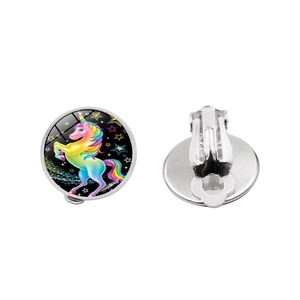 Cute cartoon unicorn clip-on earrings with rainbow glass dome for kids and girls