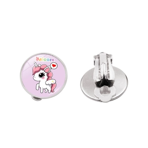 Detailed view of pink cartoon unicorn clip-on earrings with polished metal backing
