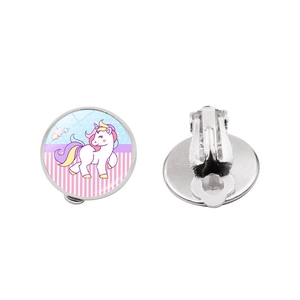 Detailed front and back view of cartoon unicorn clip-on earrings for kids without piercings