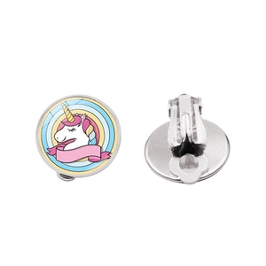 Front and back view of cartoon unicorn clip-on earrings for kids with silver alloy base