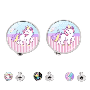 Cartoon unicorn clip-on earrings for kids with various colorful rainbow patterns