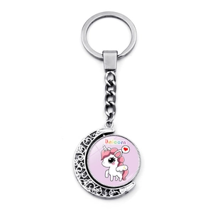 Silver unicorn moon keychain with purple cartoon pendant and hollow crescent frame