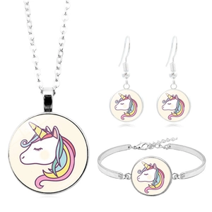 Set gioielli unicorno argento con collana bracciale e orecchini con cabochon in vetro cartoon