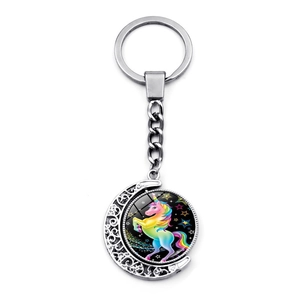 Cartoon Unicorn Rotating Moon Keychain Alloy Glass Dreamy Pegasus Rainbow Starry Sky Key Ring For Bags Women Kids Gift