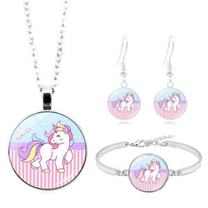Set Gioielli Unicorno Cartone Animato Lega Vetro Pendente Collana Orecchini Bracciale Per Ragazze Adolescenti Regalo