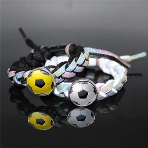 Soccer Hand-woven Bracelet Men Women Sporty Glitter Fiber Cord With Round Glass Cabochon Football Pattern Pendant Adjustable Jewelry