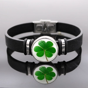 Vintage Lucky Four Leaf Shamrock Faux Leather Bracelet Stainless Steel Glass Cabochon St. Patricks Day Unisex Jewelry Gift
