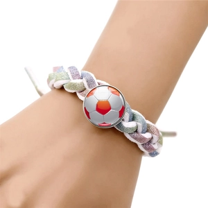 Hand-woven colorful glitter bracelet featuring a soccer ball glass charm for football fans