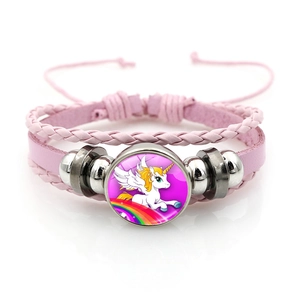 Bracelet en cuir tressé rose avec gemme licorne et perles colorées pour enfants