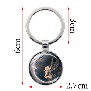 Silver fairy moon goddess keychain with glass pendant and detailed size specifications