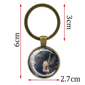 Vintage bronze moon fairy goddess keychain with 2.7cm glass cabochon pendant