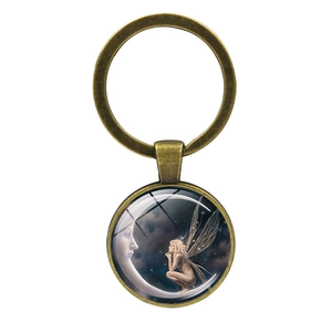 Creative Moon Goddess and Fairy Keychain in antique bronze finish with glass dome