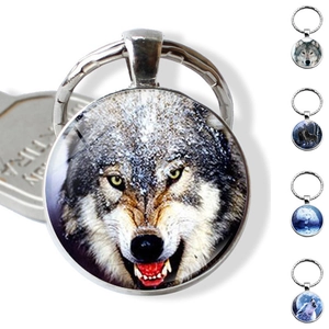Porte-clés Tête de Loup Hurlant Gemme de Temps Cabochon en Verre Alliage Anneau de Clé pour Sac Bijoux Accessoires Homme Femme