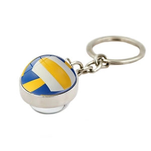 Porte-clés volley-ball en verre avec anneau argenté et rayures bleues et jaunes