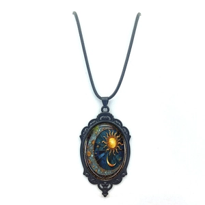 Vintage oval sun and moon celestial pendant necklace with black cord for women