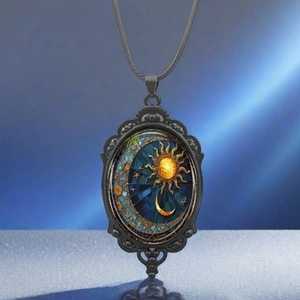 Vintage Sun Moon Celestial Pendant Necklace With Alloy Glass Medal Retro Bohemian Starry Night Jewelry For Women Men