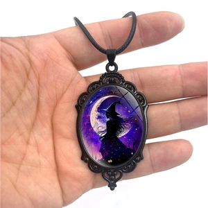 Halloween witch silhouette pendant on oval moon star sky necklace with black cord